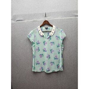 I ♥ Ronson Womens XL Mint Floral Print Blouse With Embellished Collar Cap Sleeve